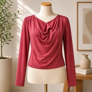 NWOT Open Edit Cowl Neck Crop Top Womens Small Burgundy Long Sleeve Stretch Knit